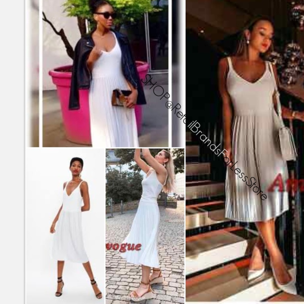 ZARA WHITE V NECK PLEATED DRESS